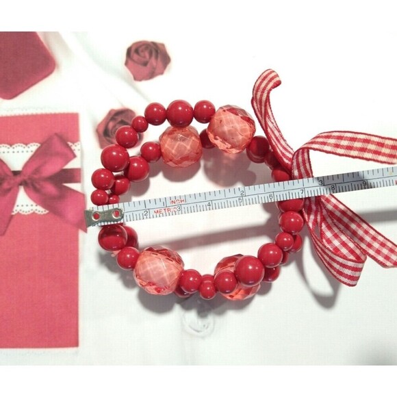 Red White Ribbon Two Layered Red Beads Adjustable Bracelet Stretch - Picture 3 of 3